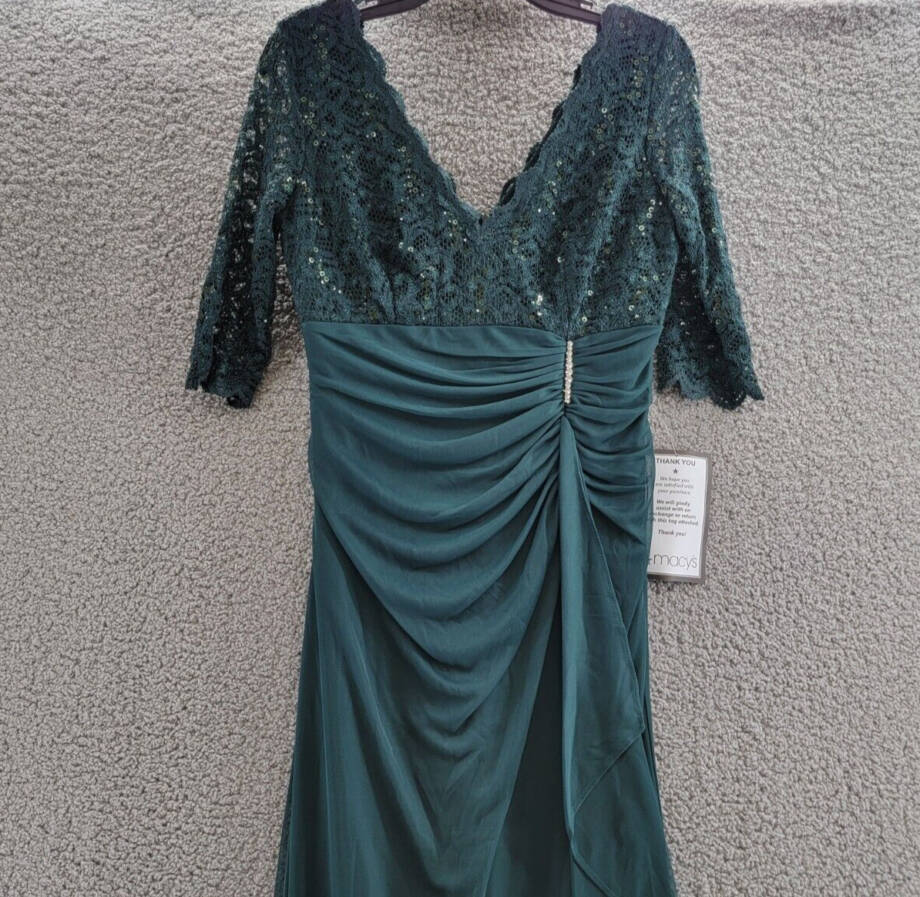 Betsy & Adam Lace-Top Waterfall-Detail Gown Women's 8 Pine Back Zip Closure