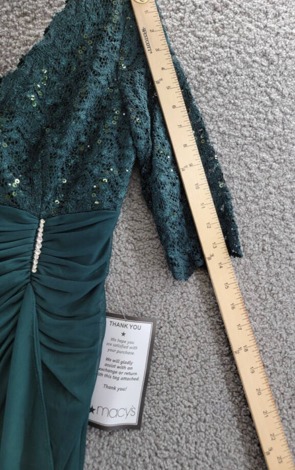 Betsy & Adam Lace-Top Waterfall-Detail Gown Women's 8 Pine Back Zip Closure