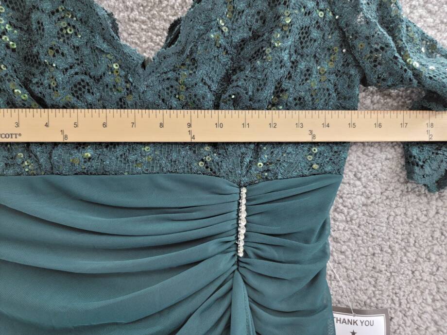 Betsy & Adam Lace-Top Waterfall-Detail Gown Women's 8 Pine Back Zip Closure