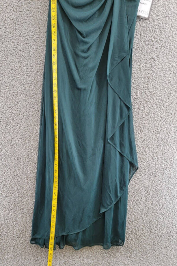 Betsy & Adam Lace-Top Waterfall-Detail Gown Women's 8 Pine Back Zip Closure