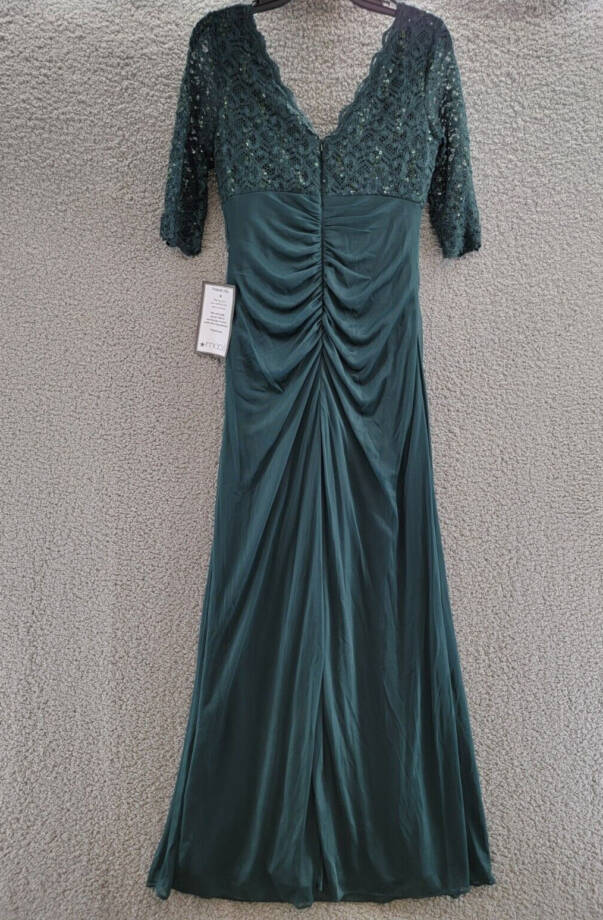 Betsy & Adam Lace-Top Waterfall-Detail Gown Women's 8 Pine Back Zip Closure