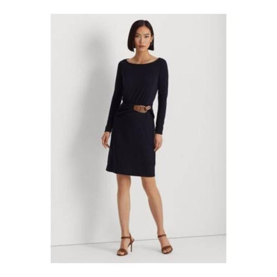 Lauren Ralph Lauren Buckle-Trim Stretch Jersey Dress Women's 10 Navy Long Sleeve