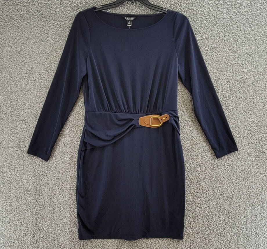 Lauren Ralph Lauren Buckle-Trim Stretch Jersey Dress Women's 10 Navy Long Sleeve