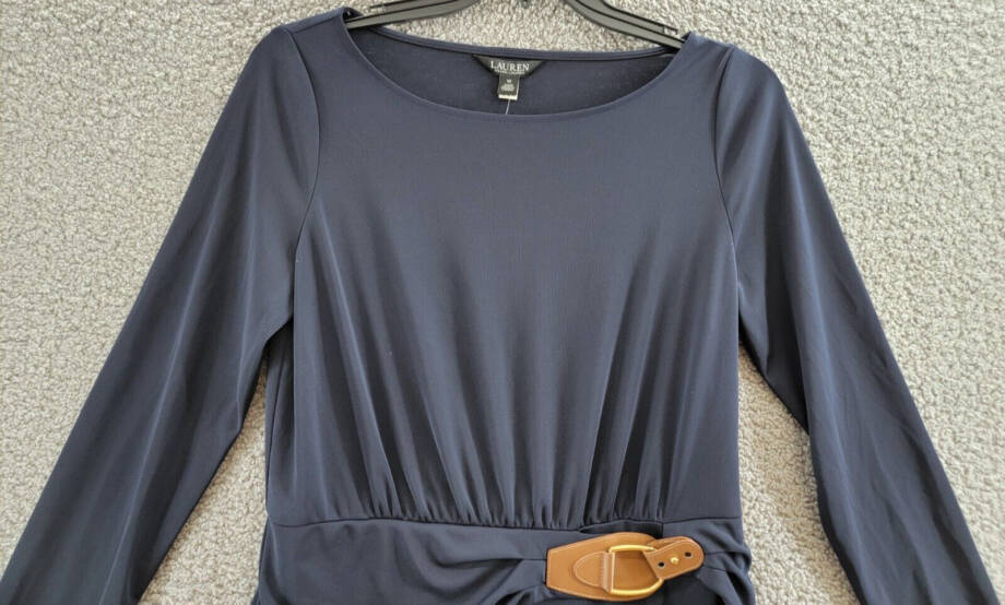 Lauren Ralph Lauren Buckle-Trim Stretch Jersey Dress Women's 10 Navy Long Sleeve