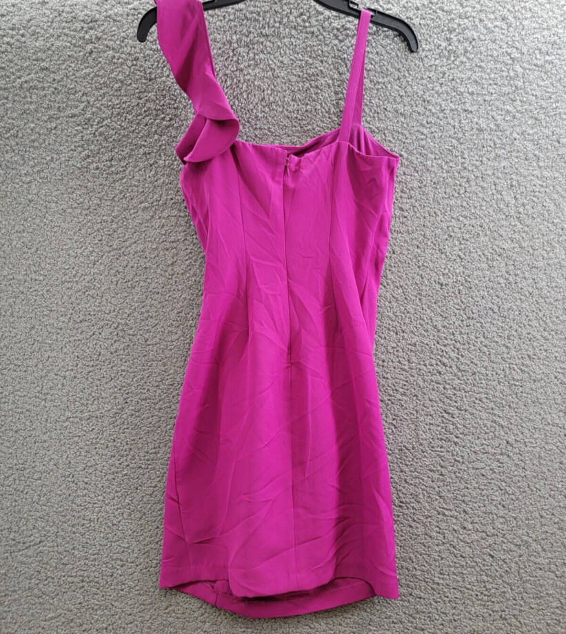 Guess Ruffled Bodycon Dress Women's 4 Fuchsia Straight Neck Sleeveless Back Zip