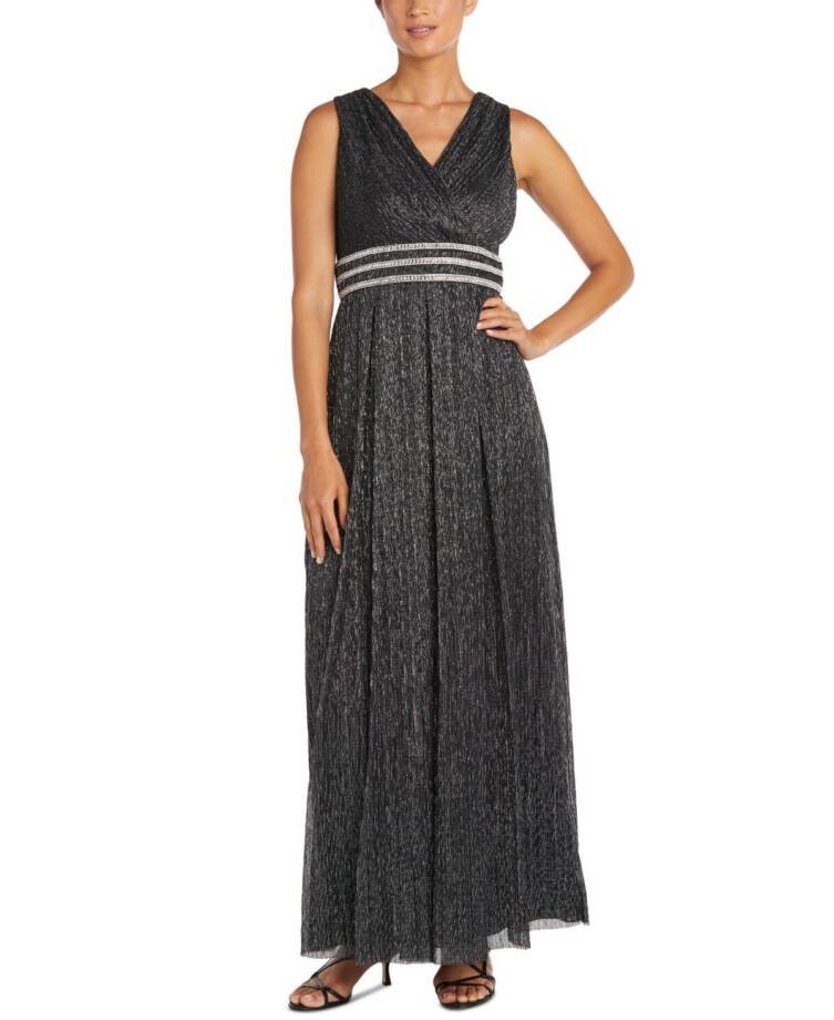 R & M Richards Crinkle Pleated Gown Women's 16 Black/Silver Back Zip Closure