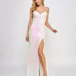 B Darlin Sequined Cowlneck Lace-Up-Back Gown Juniors' 9/10 Iridescent Zip Back