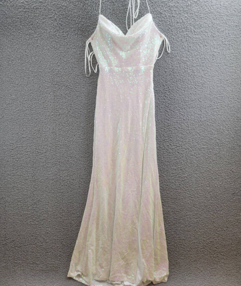 B Darlin Sequined Cowlneck Lace-Up-Back Gown Juniors' 9/10 Iridescent Zip Back