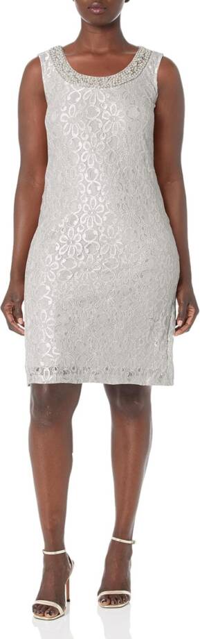 R&M Richards Beaded Neck Lace Dress Women's 16 Ivory Floral Crew Neck Sleeveless