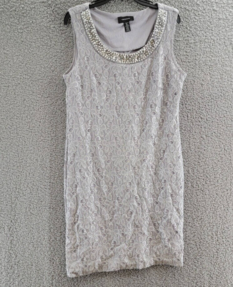 R&M Richards Beaded Neck Lace Dress Women's 16 Ivory Floral Crew Neck Sleeveless