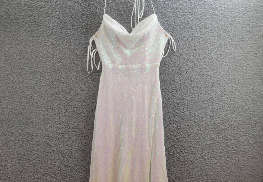B Darlin Sequined Cowlneck Lace-Up-Back Gown Juniors' 9/10 Iridescent Zip Back