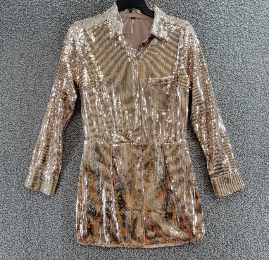 Free People Sophie Sequined Mini Shirtdress Women's M Champagne Snap Closure L/S
