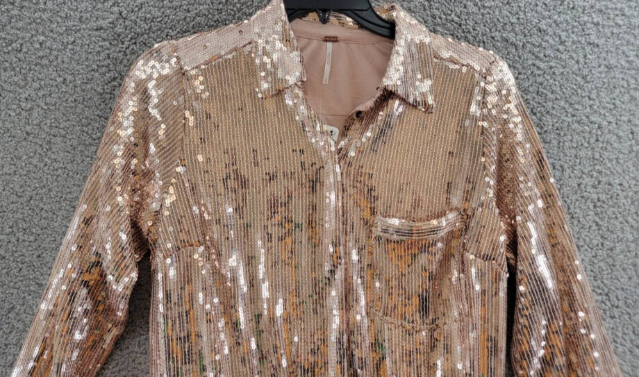 Free People Sophie Sequined Mini Shirtdress Women's M Champagne Snap Closure L/S