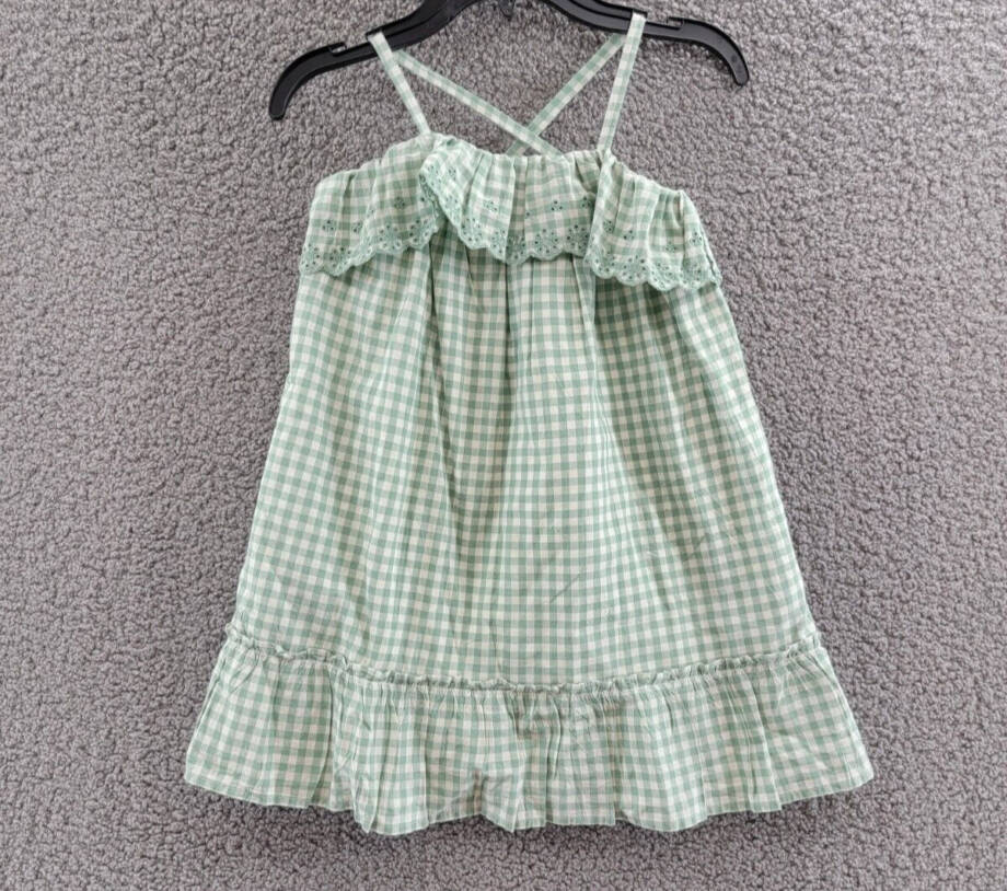 Polo Ralph Lauren Eyelet-Trim Gingham Madras Sleeveless Dress 6 Faded Mint/White