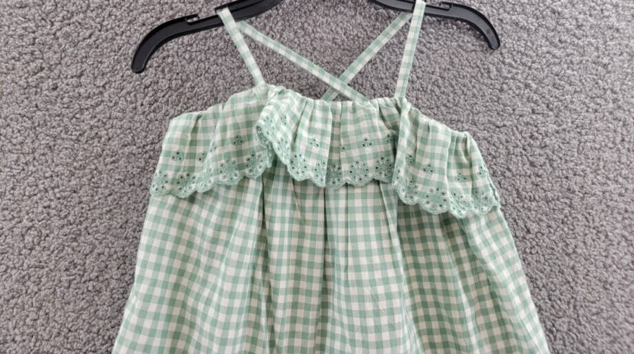 Polo Ralph Lauren Eyelet-Trim Gingham Madras Sleeveless Dress 6 Faded Mint/White