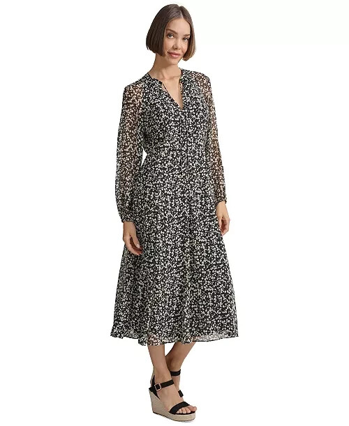 Tommy Hilfiger Floral-Print A-Line Dress Women's 4 Black/White Back Zip Closure