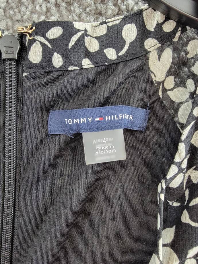 Tommy Hilfiger Floral-Print A-Line Dress Women's 4 Black/White Back Zip Closure