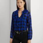 Lauren Ralph Lauren Buffalo Check Ruffled Georgette Top Women's S Blue L/S