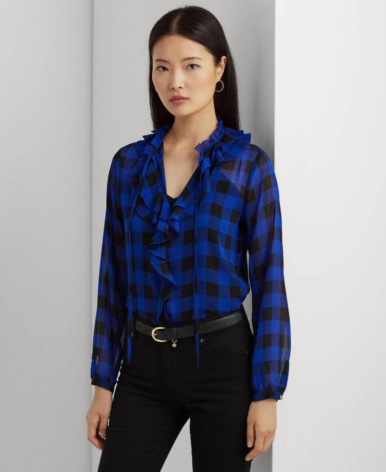 Lauren Ralph Lauren Buffalo Check Ruffled Georgette Top Women's S Blue L/S