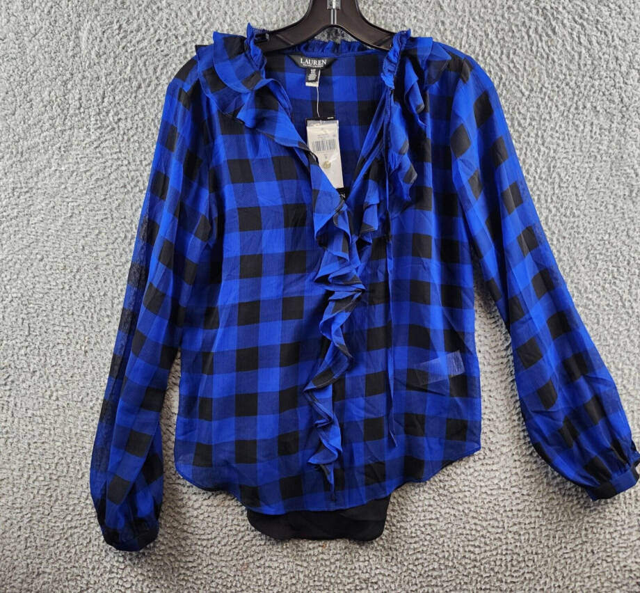 Lauren Ralph Lauren Buffalo Check Ruffled Georgette Top Women's S Blue L/S