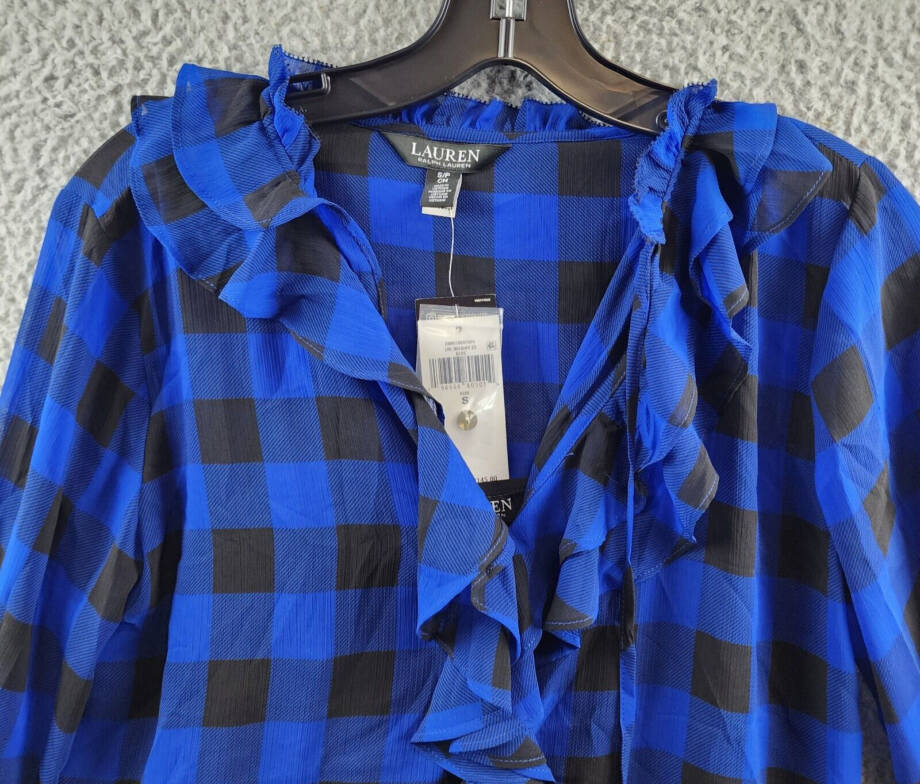 Lauren Ralph Lauren Buffalo Check Ruffled Georgette Top Women's S Blue L/S