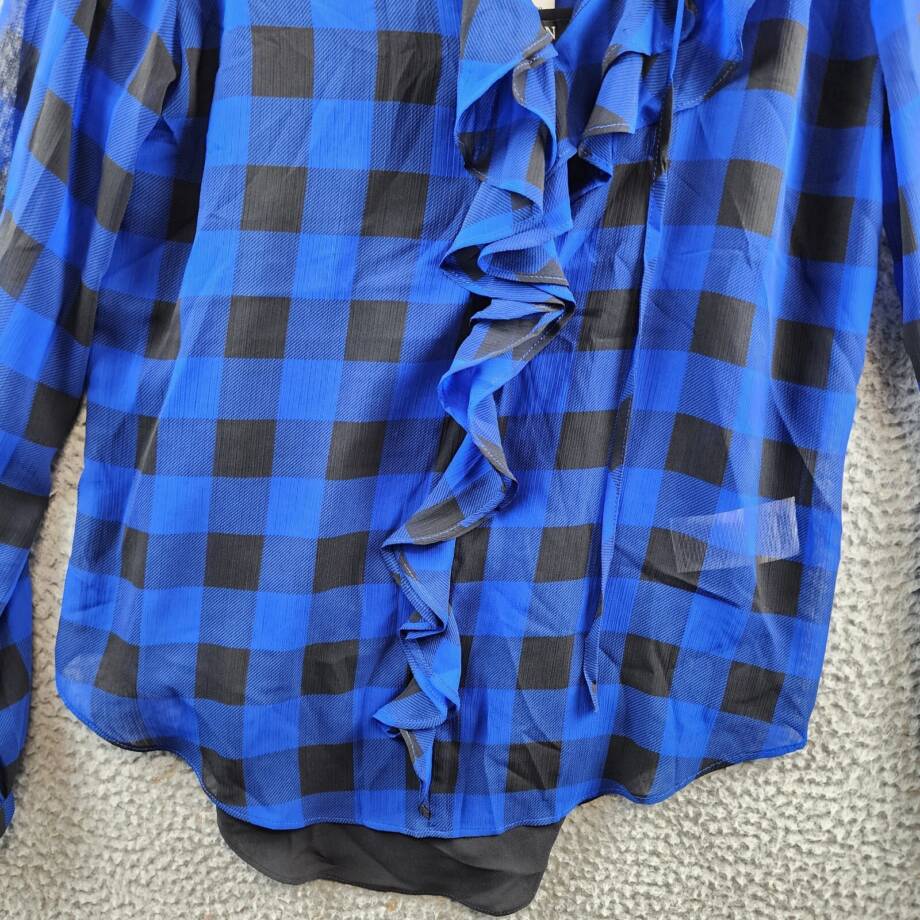 Lauren Ralph Lauren Buffalo Check Ruffled Georgette Top Women's S Blue L/S