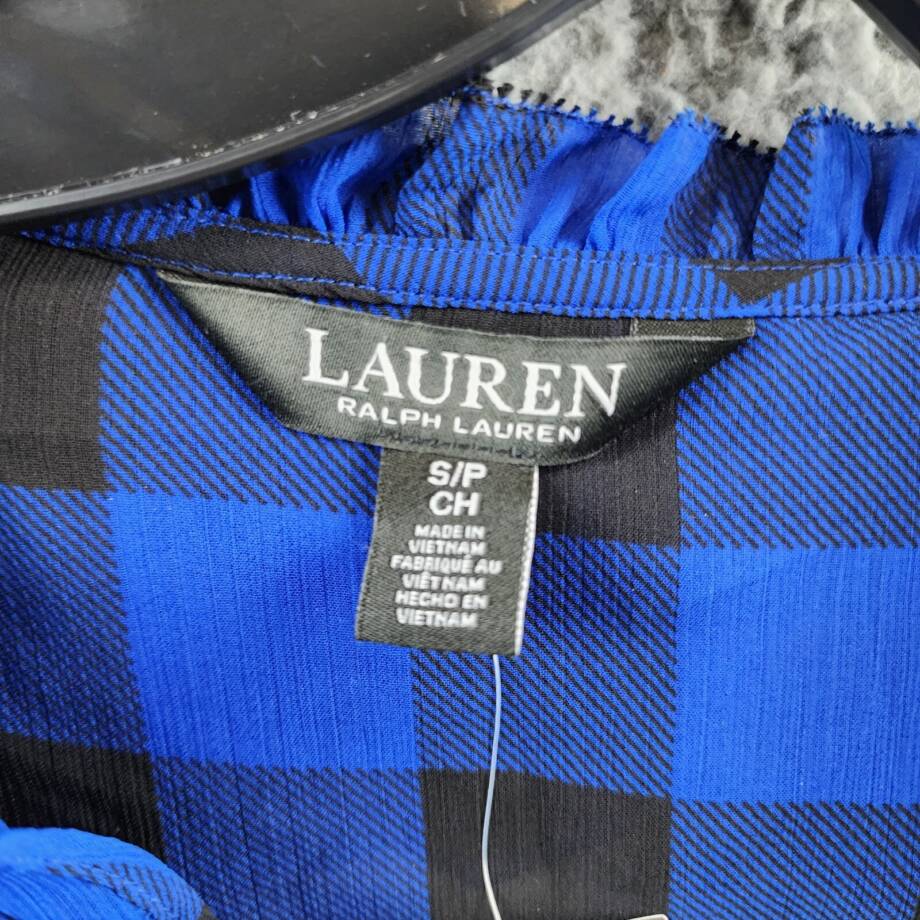 Lauren Ralph Lauren Buffalo Check Ruffled Georgette Top Women's S Blue L/S