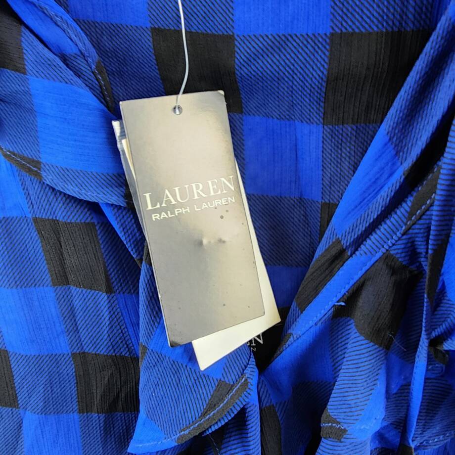 Lauren Ralph Lauren Buffalo Check Ruffled Georgette Top Women's S Blue L/S