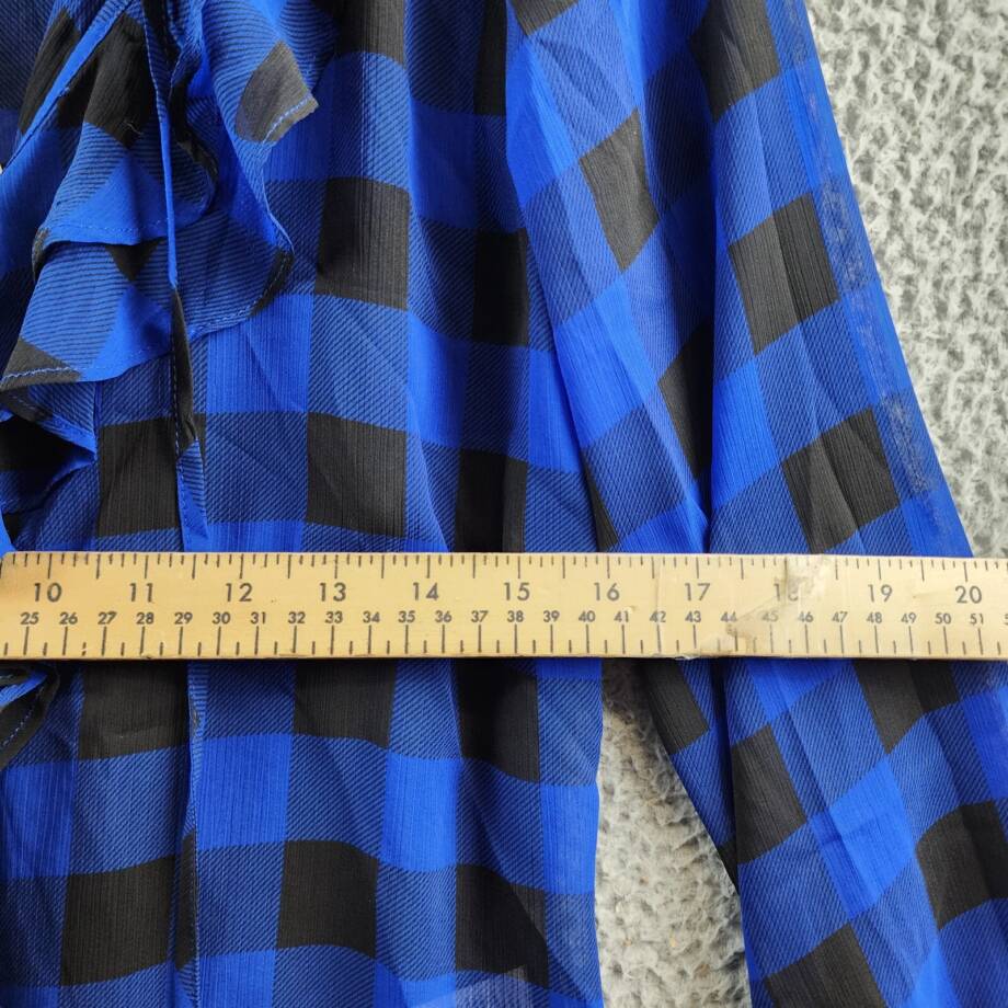 Lauren Ralph Lauren Buffalo Check Ruffled Georgette Top Women's S Blue L/S