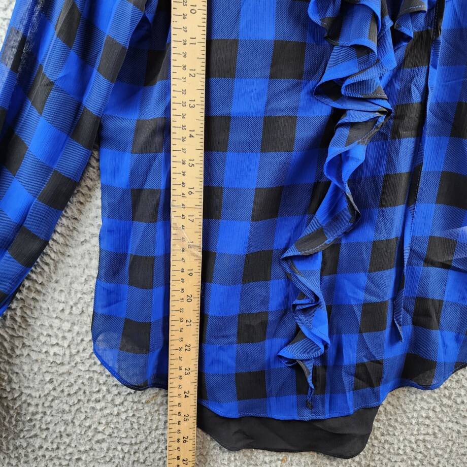 Lauren Ralph Lauren Buffalo Check Ruffled Georgette Top Women's S Blue L/S