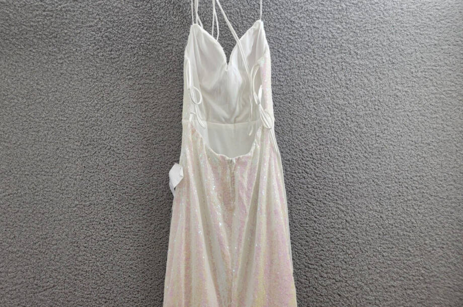 B Darlin Sequined Cowlneck Lace-Up-Back Gown Juniors' 9/10 Iridescent Zip Back