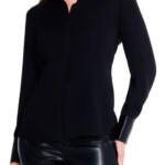 NIC+ZOE Trimmed Up Faux Leather Cuff Shirt Women's M Black Button Front Closure