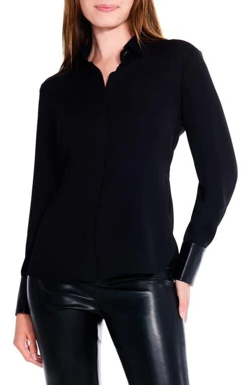 NIC+ZOE Trimmed Up Faux Leather Cuff Shirt Women's M Black Button Front Closure