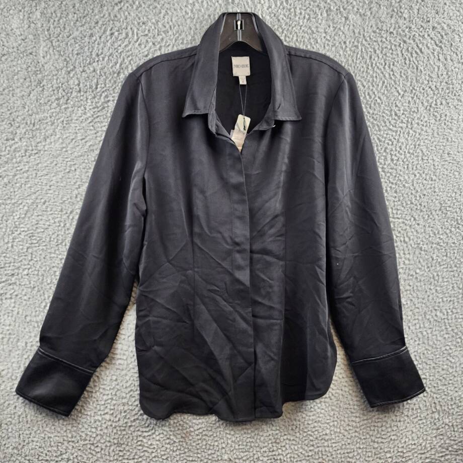 NIC+ZOE Trimmed Up Faux Leather Cuff Shirt Women's M Black Button Front Closure