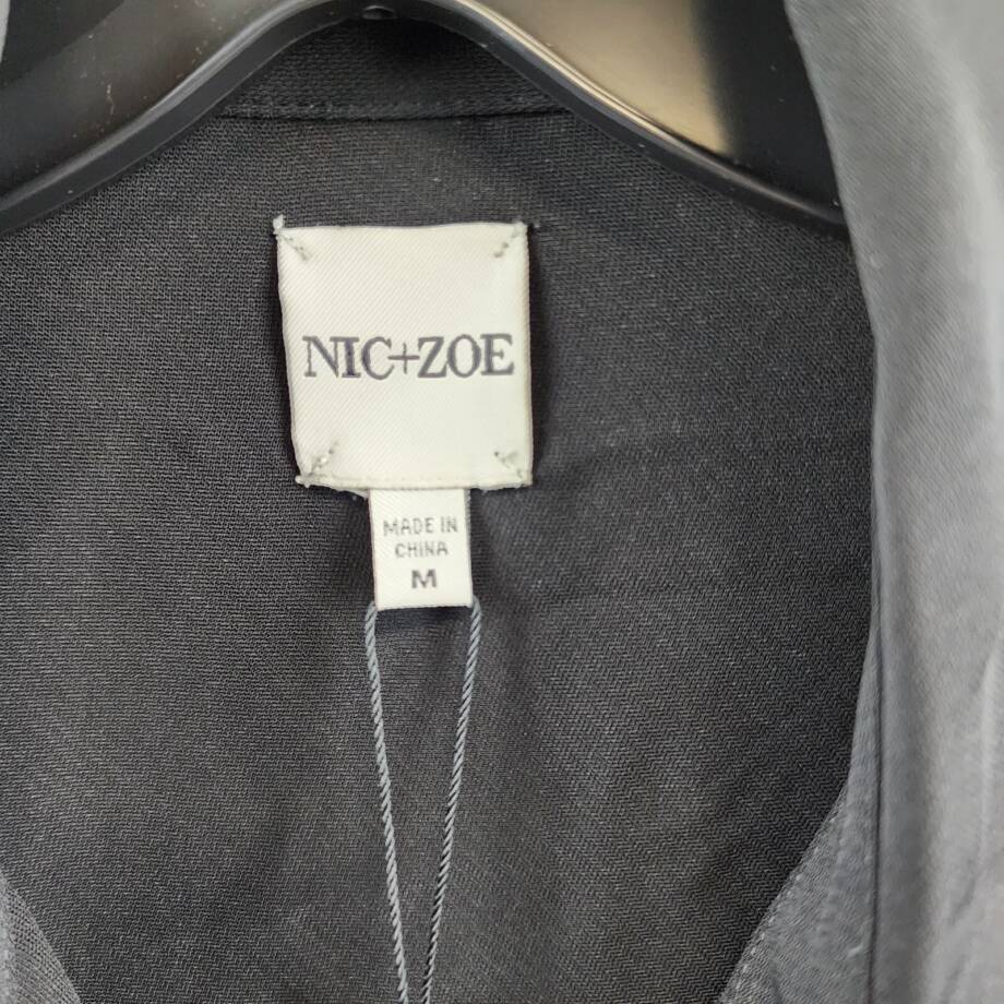 NIC+ZOE Trimmed Up Faux Leather Cuff Shirt Women's M Black Button Front Closure