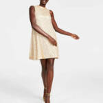kensie Sequined-Mesh Sleeveless Shift Dress Women's 2 Gold Back Neck Tie Closure
