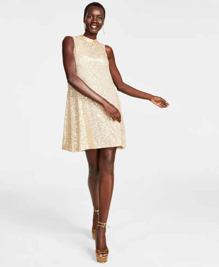 kensie Sequined-Mesh Sleeveless Shift Dress Women's 2 Gold Back Neck Tie Closure