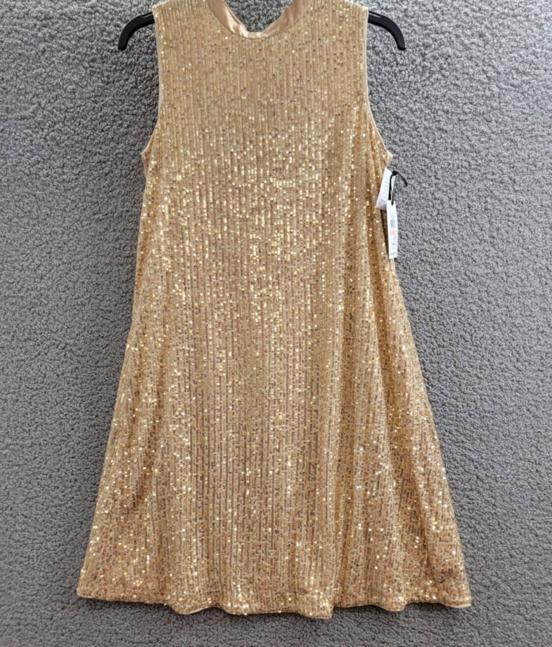 kensie Sequined-Mesh Sleeveless Shift Dress Women's 2 Gold Back Neck Tie Closure