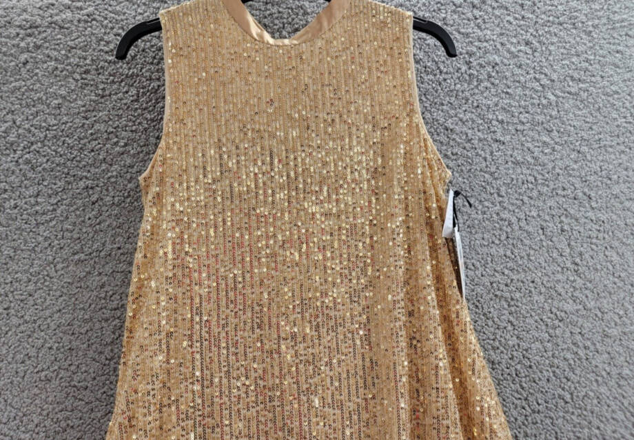 kensie Sequined-Mesh Sleeveless Shift Dress Women's 2 Gold Back Neck Tie Closure