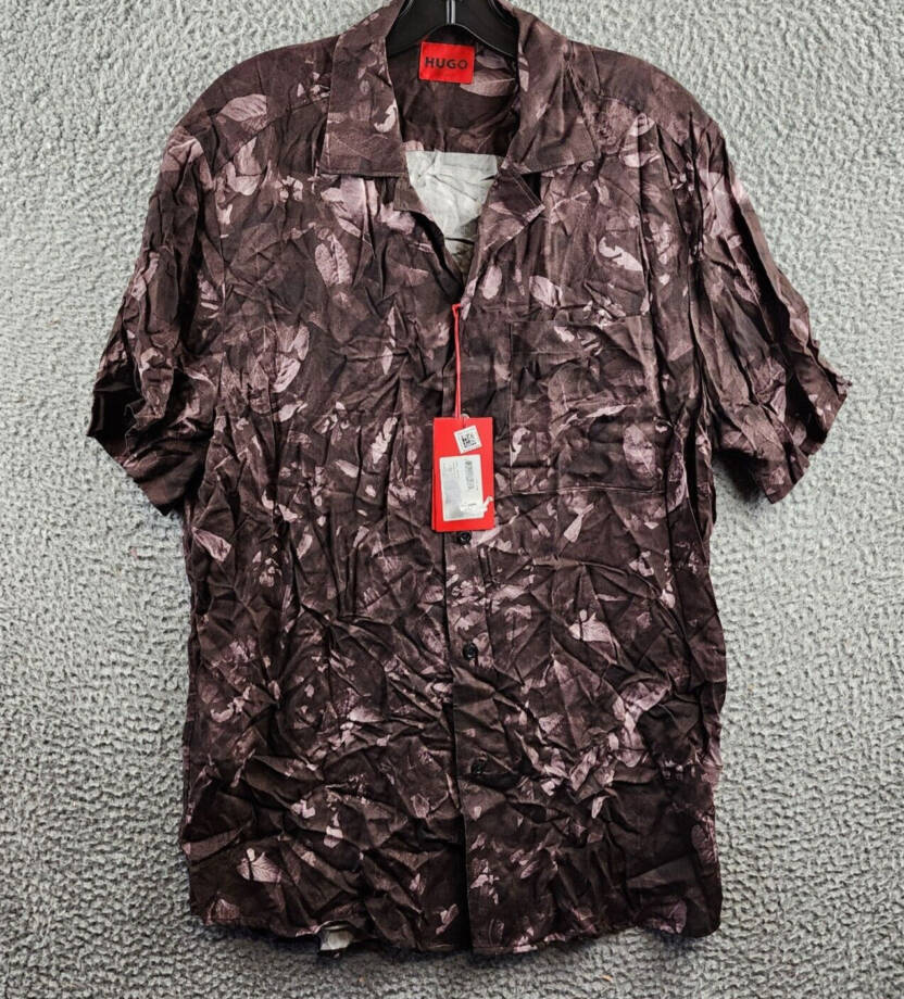 HUGO Ellino Floral Print Relaxed Fit Button Up Camp Shirt Men's L Dark Brown S/S