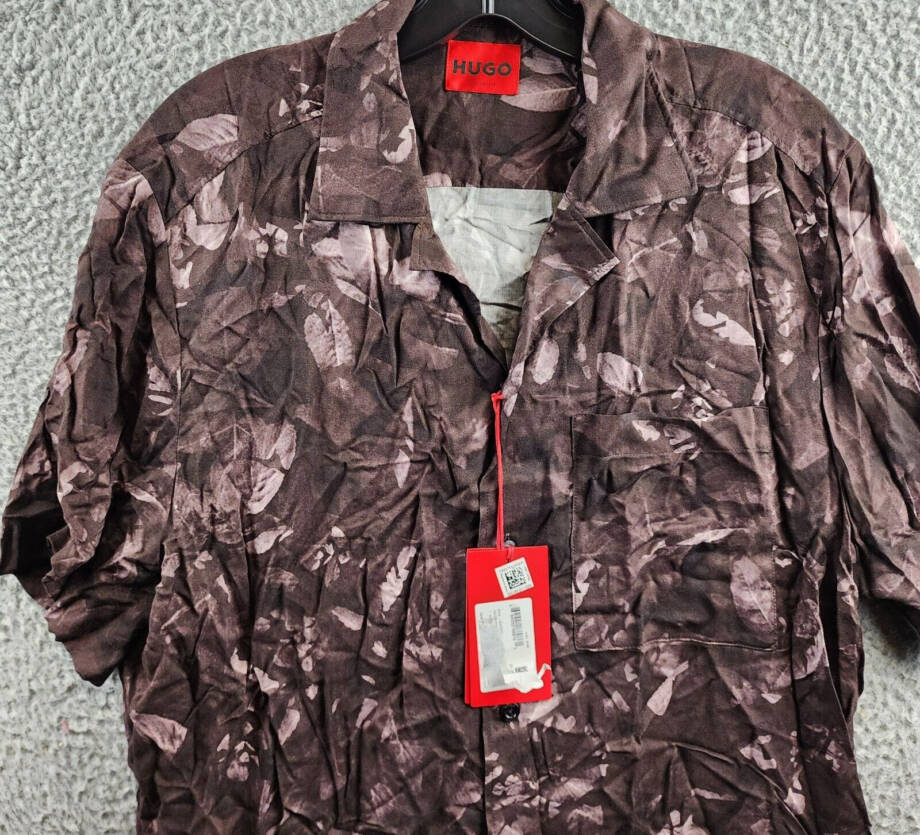 HUGO Ellino Floral Print Relaxed Fit Button Up Camp Shirt Men's L Dark Brown S/S