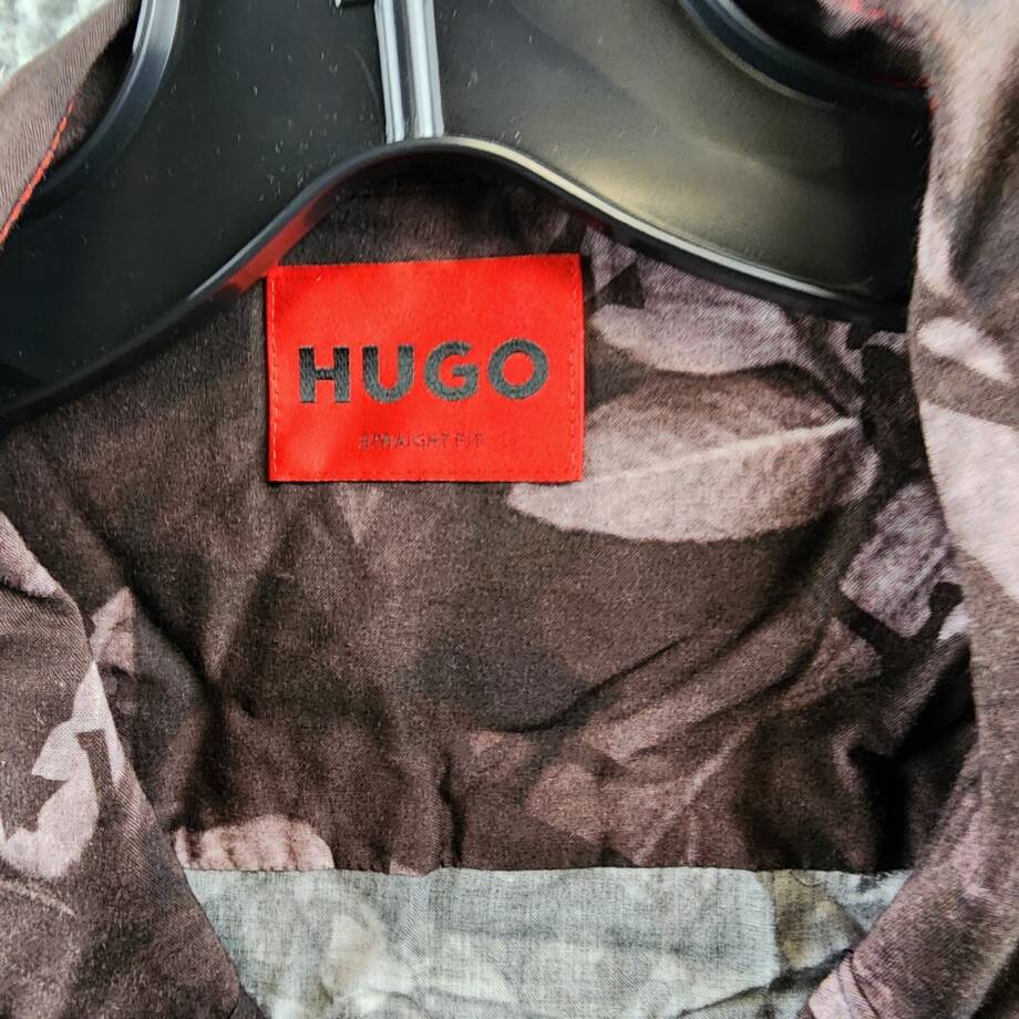 HUGO Ellino Floral Print Relaxed Fit Button Up Camp Shirt Men's L Dark Brown S/S