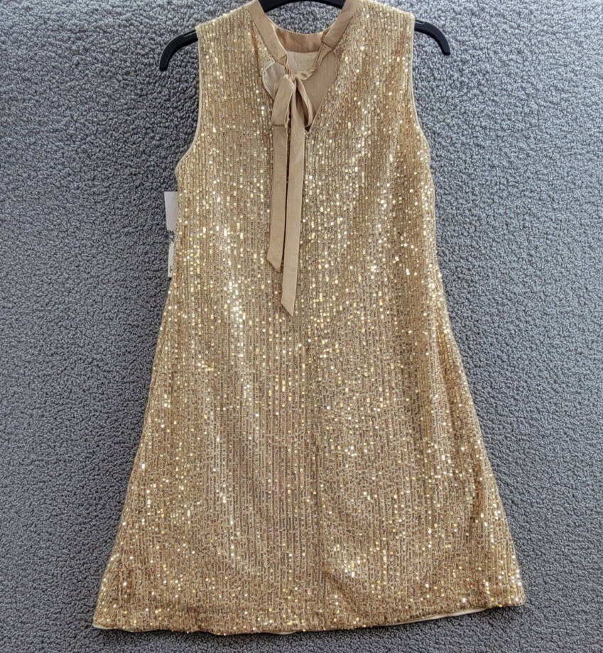 kensie Sequined-Mesh Sleeveless Shift Dress Women's 2 Gold Back Neck Tie Closure