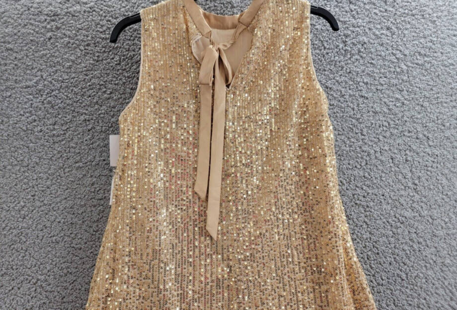 kensie Sequined-Mesh Sleeveless Shift Dress Women's 2 Gold Back Neck Tie Closure