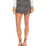 Norma Kamali Side Slit Mini Skirt Women's S/32 Chocolate Glenn Plaid Pull On