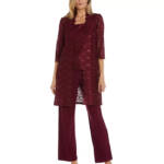 R & M Richards 3-Pc. Sequined Lace Pantsuit & Jacket Women's 6 Merlot 3/4 Sleeve