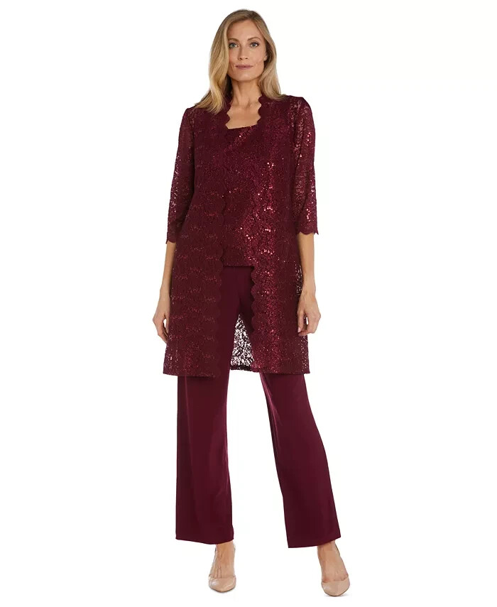 R & M Richards 3-Pc. Sequined Lace Pantsuit & Jacket Women's 6 Merlot 3/4 Sleeve