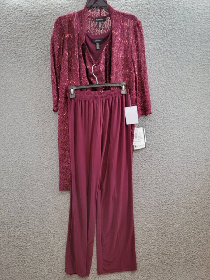 R & M Richards 3-Pc. Sequined Lace Pantsuit & Jacket Women's 6 Merlot 3/4 Sleeve