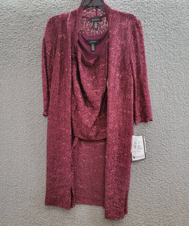 R & M Richards 3-Pc. Sequined Lace Pantsuit & Jacket Women's 6 Merlot 3/4 Sleeve
