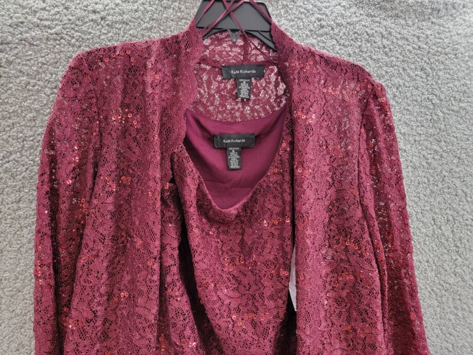 R & M Richards 3-Pc. Sequined Lace Pantsuit & Jacket Women's 6 Merlot 3/4 Sleeve
